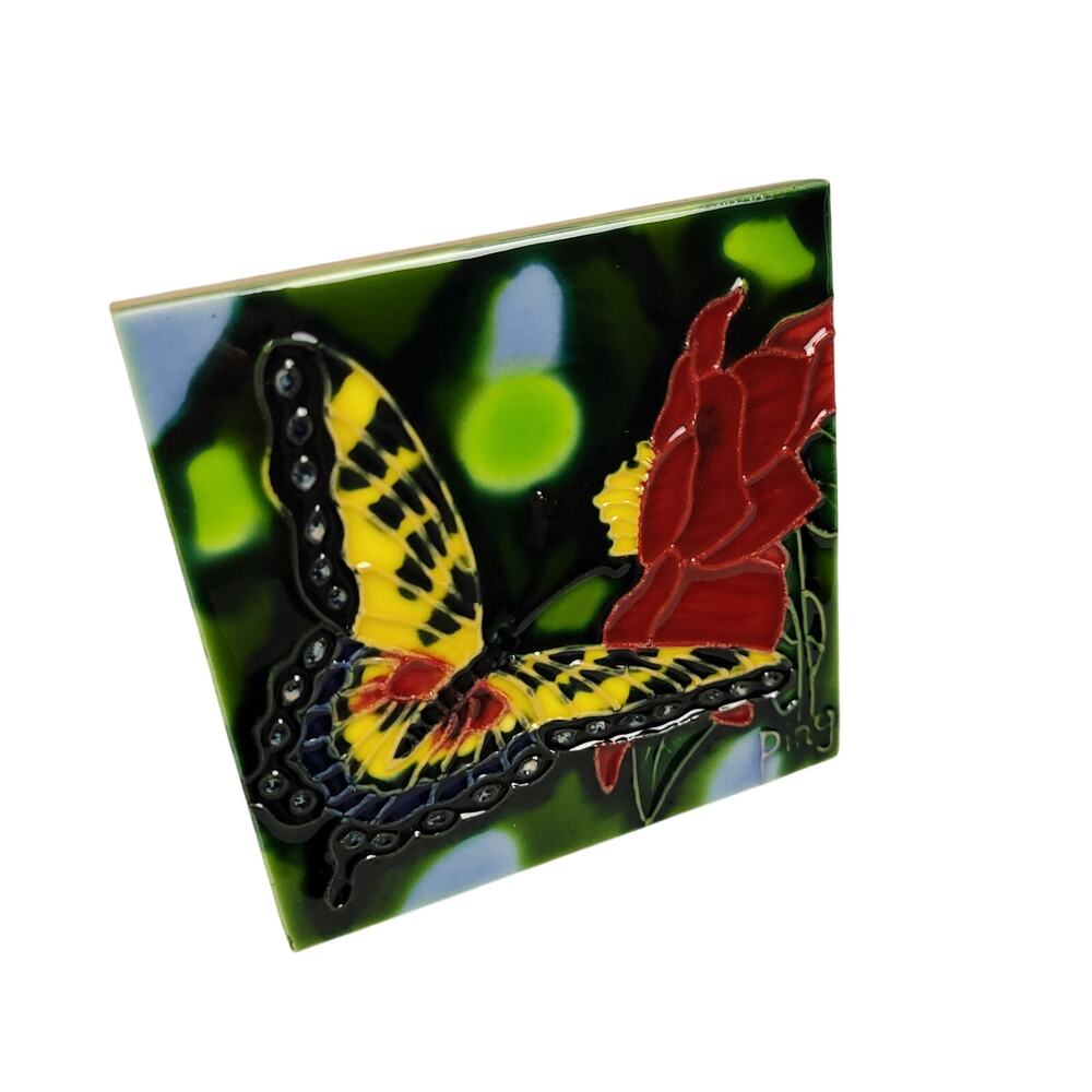 Hand Painted Colorful Butterfly Art Ceramic Tile Collectible by Ping 4" x 4"